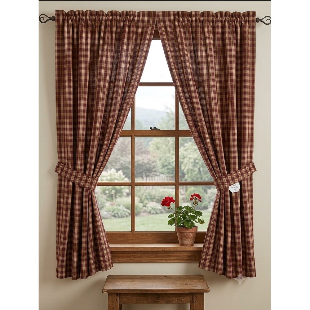Park Designs Plaid Curtain Panel Pair Burgundy Red Tan 72x63 Country 2 Tiebacks